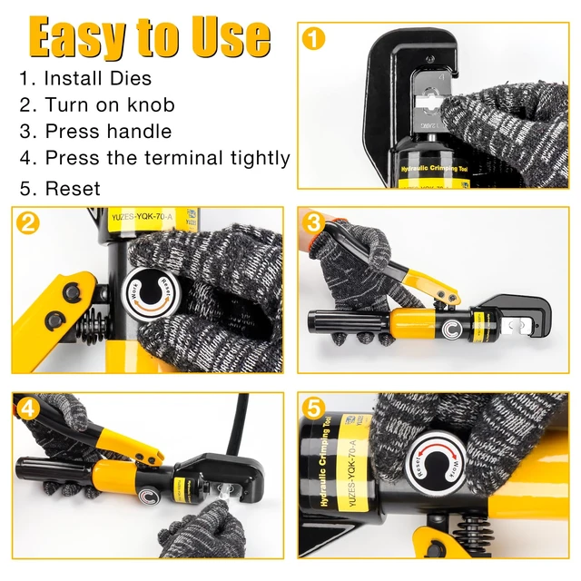 Alt view image 14 of 14 - 10-Ton Hydraulic Crimping Tool, 12 to 2/0 AWG Battery Cable Crimper Clean, Even Hex Crimps, 9 Dies (12 AWG-2/0 AWG & 1/8") for Battery Cable Lugs, Cable Railing, Marine, RV and Solar Wiring