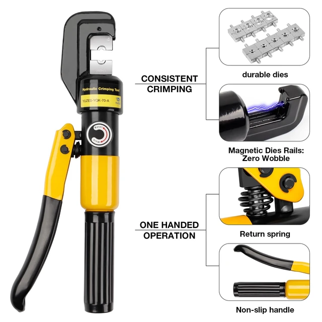 Alt view image 12 of 14 - 10-Ton Hydraulic Crimping Tool, 12 to 2/0 AWG Battery Cable Crimper Clean, Even Hex Crimps, 9 Dies (12 AWG-2/0 AWG & 1/8") for Battery Cable Lugs, Cable Railing, Marine, RV and Solar Wiring