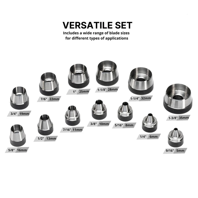 Alt view image 10 of 14 - 02604A Hole Punch Set | SAE & Metric, 3/16 1-3/8 & 5 35mm | 14 Piece Sharp Hollow Hole Punch Kit, Gasket Cutting Puncher, Foam Cutter, & Leather Hole Punches | 6 Interchangeable