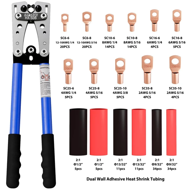 Alt view image 9 of 14 - Battery Cable Crimping Tool AWG 10-1/0, Wire Cutter,100 Copper Lugs Electrical Terminal Crimper AWG 10 8 6 4 2 1/0, 100pcs Wire Connectors & Heat Shrink Tubing, Cable Cutter Pliers, Black Bag