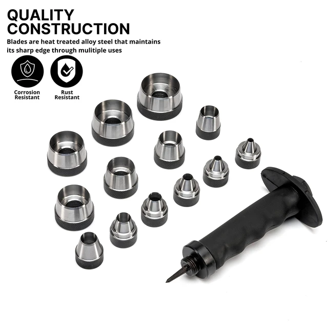 Alt view image 9 of 14 - 02604A Hole Punch Set | SAE & Metric, 3/16 1-3/8 & 5 35mm | 14 Piece Sharp Hollow Hole Punch Kit, Gasket Cutting Puncher, Foam Cutter, & Leather Hole Punches | 6 Interchangeable