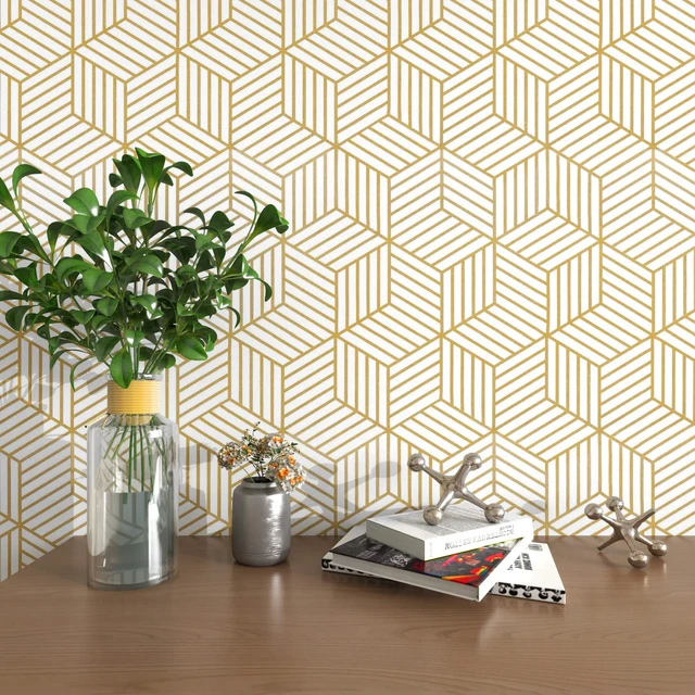 Alt view image 8 of 14 - Geometric Contact Paper Peel and Stick Wallpaper Gold 17.7×591 Self Adhesive, Removable Wallpaper for Bedroom/Bathroom Waterproof, Modern Contact Paper for Cabinets Liner Easy to Install