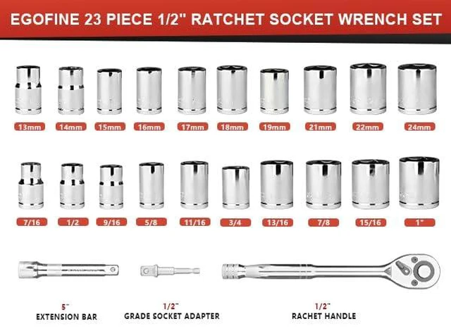 Alt view image 9 of 14 - 1/2" Drive Socket Set, 23 Piece Standard SAE (7/16 to 1 inch) and Metric (13-19, 21, 22, 24mm) 6 Point, with Quick Release Ratchet, Extension Bars, Drive Drill Adapter