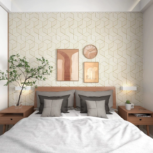 Alt view image 9 of 14 - Geometric Contact Paper Peel and Stick Wallpaper Gold 17.7×591 Self Adhesive, Removable Wallpaper for Bedroom/Bathroom Waterproof, Modern Contact Paper for Cabinets Liner Easy to Install