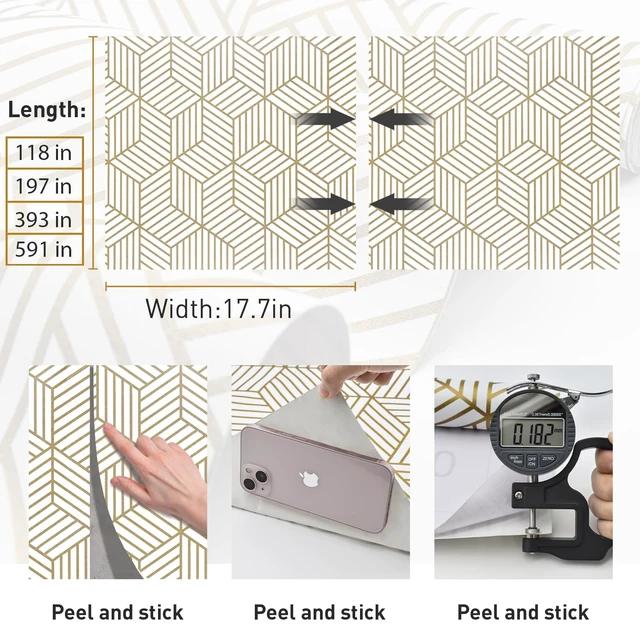 Alt view image 10 of 14 - Geometric Contact Paper Peel and Stick Wallpaper Gold 17.7×591 Self Adhesive, Removable Wallpaper for Bedroom/Bathroom Waterproof, Modern Contact Paper for Cabinets Liner Easy to Install