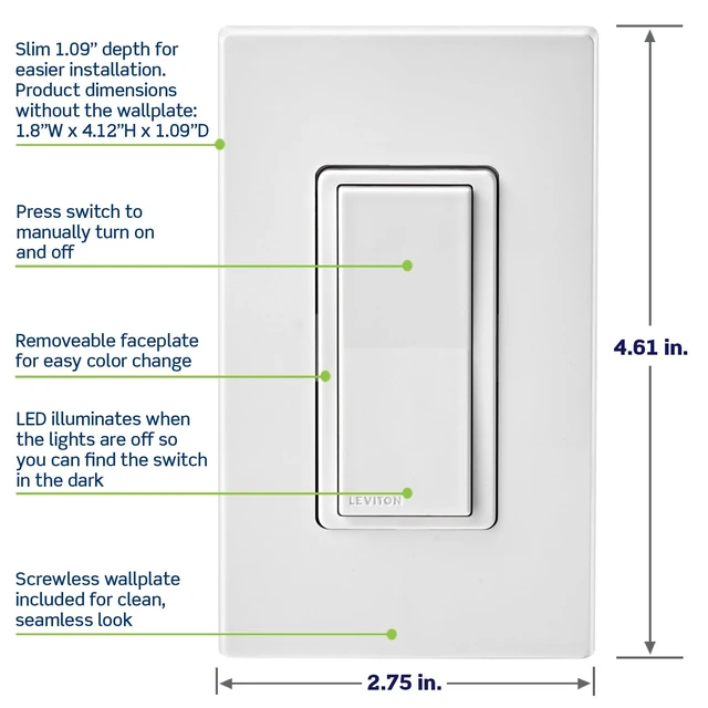 Alt view image 11 of 14 - Decora Smart Switch, Wi-Fi, Works with Matter, Alexa, Google Assistant, Apple Home/Siri & Wired or Wirefree 3-Way, Neutral Wire Required, D315S-1RW, White