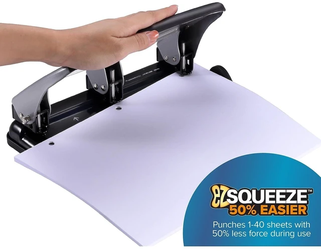 Alt view image 9 of 14 - Office EZ Squeeze Heavy Duty 3-Hole Punch for Home Office & School, 40-Sheet Capacity, One-Touch Reduced Force, Sleek Silver Design