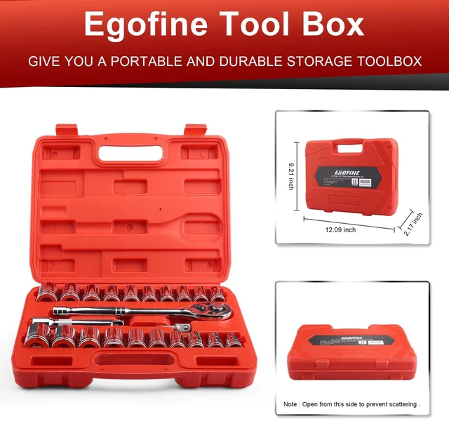 Alt view image 11 of 14 - 1/2" Drive Socket Set, 23 Piece Standard SAE (7/16 to 1 inch) and Metric (13-19, 21, 22, 24mm) 6 Point, with Quick Release Ratchet, Extension Bars, Drive Drill Adapter