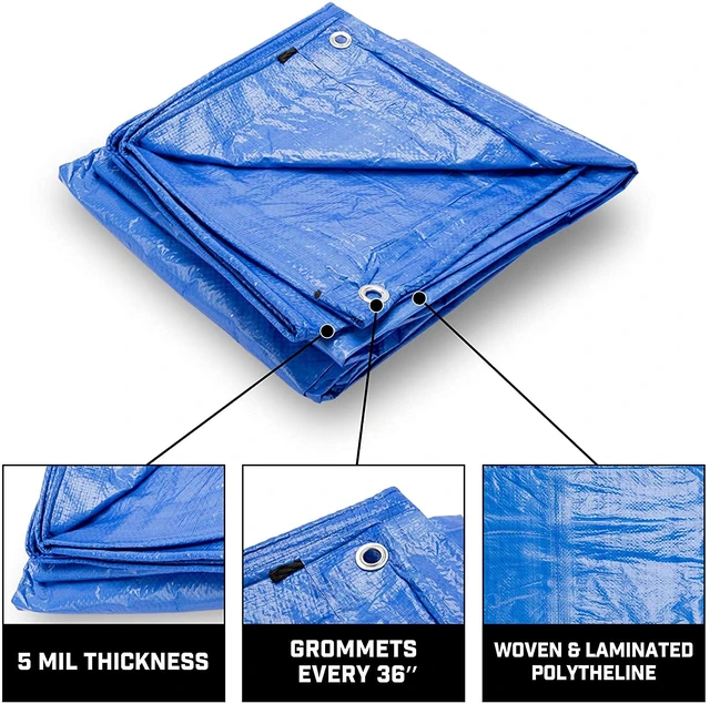 Alt view image 11 of 14 - Grizzly Tarps by 20' x 30' Large Multi-Purpose Waterproof Heavy Duty Poly Tarp with Grommets Every 36", 8x8 Weave, 5 Mil Thick, for Home, Boats, Cars, Camping, Protective Cover, Blue