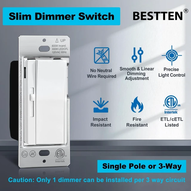 Alt view image 10 of 14 - 6 Pack Super Slim Slide Dimmer Light Switch, Single Pole or 3 Way Dimmer Switches, Compatible with LED Dimmable Lamp, CFL, Incandescent, Halogen Bulb, ETL Listed, White