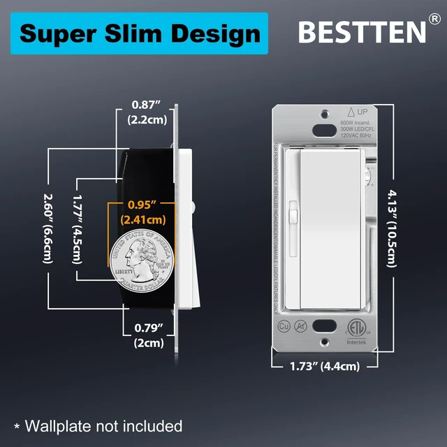 Alt view image 11 of 14 - 6 Pack Super Slim Slide Dimmer Light Switch, Single Pole or 3 Way Dimmer Switches, Compatible with LED Dimmable Lamp, CFL, Incandescent, Halogen Bulb, ETL Listed, White
