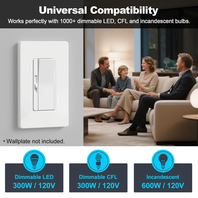 Alt view image 14 of 14 - 6 Pack Super Slim Slide Dimmer Light Switch, Single Pole or 3 Way Dimmer Switches, Compatible with LED Dimmable Lamp, CFL, Incandescent, Halogen Bulb, ETL Listed, White