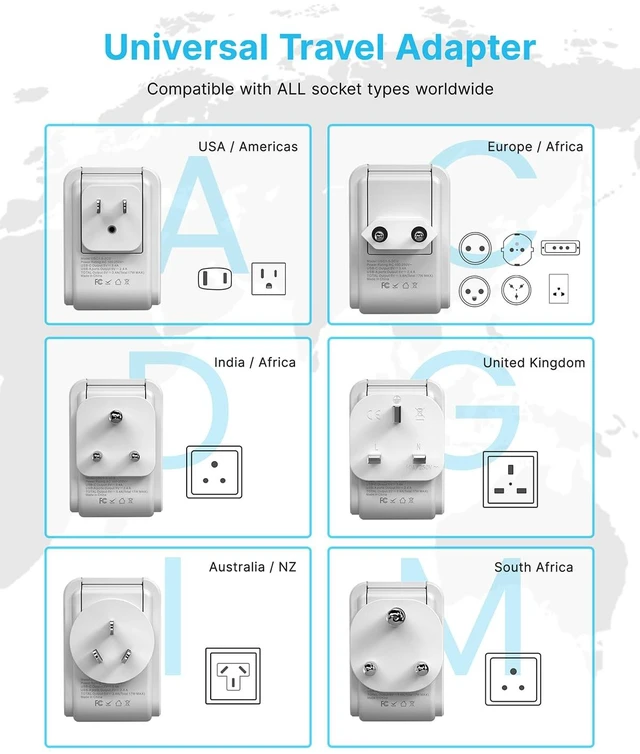 Alt view image 11 of 12 - Universal Travel Adapter, 5ft Detachable Cord Type A/C/G/D/I/M Plugs 5 in 1 with 2 AC 3 USB Ports (2 USB C), 17W Fast Charge, International Power Adapter for US to Europe UK India Africa Japan
