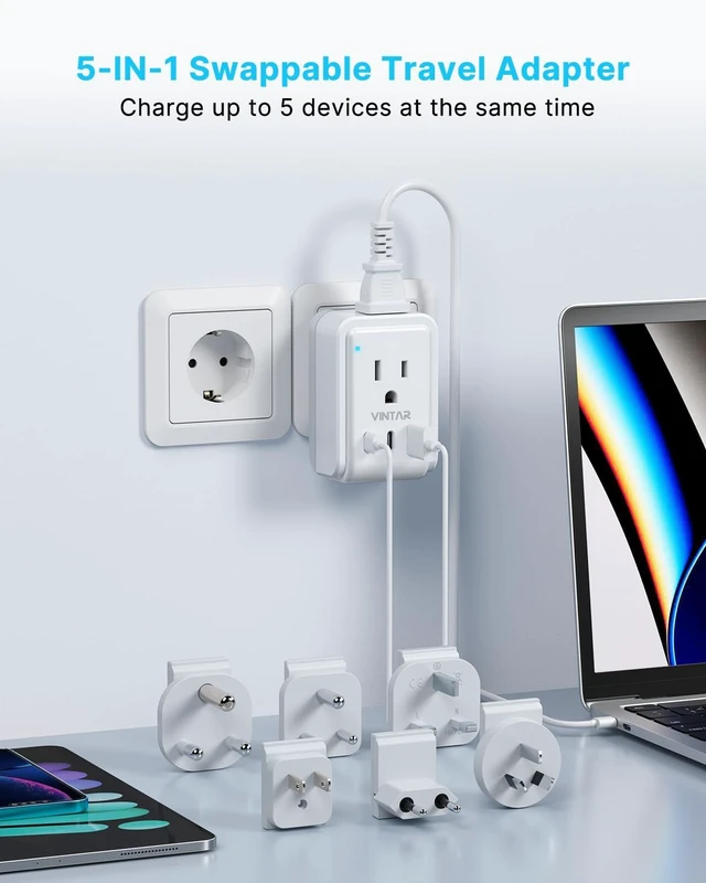Alt view image 9 of 12 - Universal Travel Adapter, 5ft Detachable Cord Type A/C/G/D/I/M Plugs 5 in 1 with 2 AC 3 USB Ports (2 USB C), 17W Fast Charge, International Power Adapter for US to Europe UK India Africa Japan