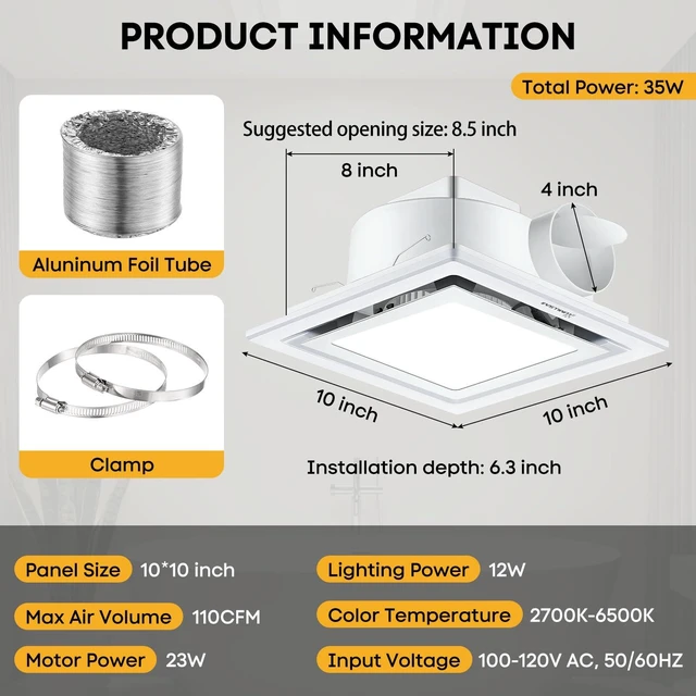 Alt view image 13 of 14 - Bathroom Exhaust Fan with Light 10" Ultra Quiet 1.0 Sones,1000LM 5CCT, Exhaust Fan Mounting Opening 8"x8" in 110CFM Bathroom Fan with Light Ceiling Mount for Home, Bath, Office