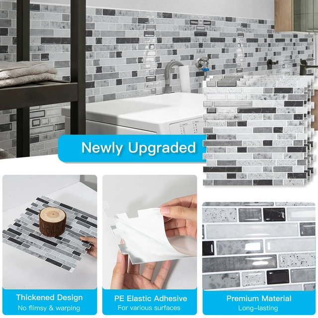 Alt view image 12 of 14 - Linear Design Tile Peel and Stick Backsplash, 10-Sheet, Carrara Grey 12 x 12 Inch, Enhanced Thickness, Warp Resistant, Strong Adhesion, Sturdy, for Kitchen, Bedroom, Ideal for Home Improvement