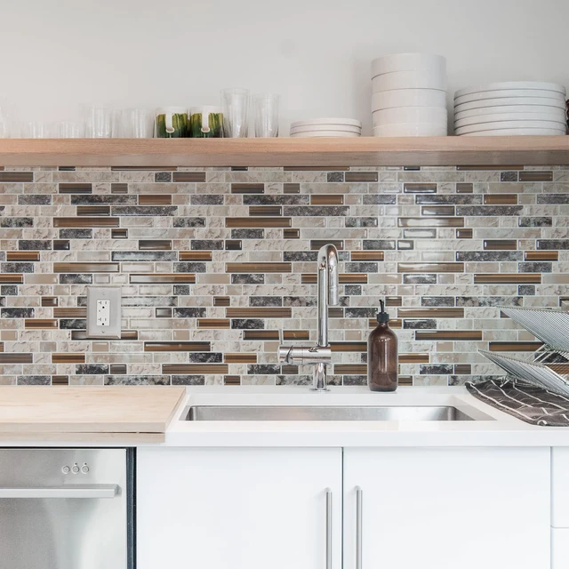 Alt view image 9 of 14 - Linear Design Tile Peel and Stick Backsplash, 10-Sheet, Sandstone 12 x 12 Inch, Enhanced Thickness, Warp Resistant, Strong Adhesion, Sturdy, for Kitchen, Bedroom, Ideal for Home Improvement