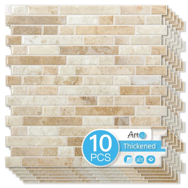 Alt view image 8 of 14 - Linear Tile Peel and Stick Backsplash, 10-Pack, Eurasian Mocha Stone 12 x 12 Inch, Enhanced Thickness, Warp Resistant, Strong Adhesion, Sturdy, for Kitchen, Bedroom, Ideal for Home Improvement