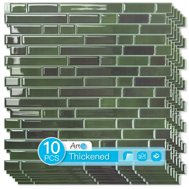 Alt view image 8 of 14 - Linear Design Tile Peel and Stick Backsplash, 10-Sheet, Dark Green 12 x 12 Inch, Enhanced Thickness, Warp Resistant, Strong Adhesion, Sturdy, for Kitchen, Bedroom, Ideal for Home Improvement
