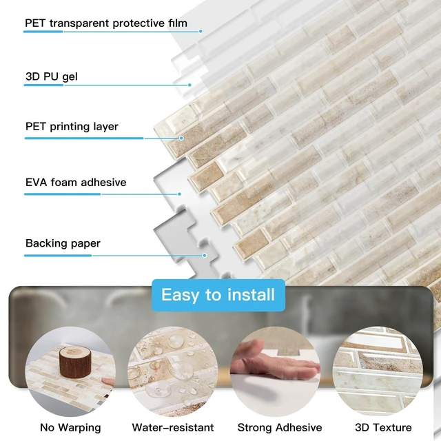 Alt view image 13 of 14 - Linear Tile Peel and Stick Backsplash, 10-Pack, Eurasian Mocha Stone 12 x 12 Inch, Enhanced Thickness, Warp Resistant, Strong Adhesion, Sturdy, for Kitchen, Bedroom, Ideal for Home Improvement