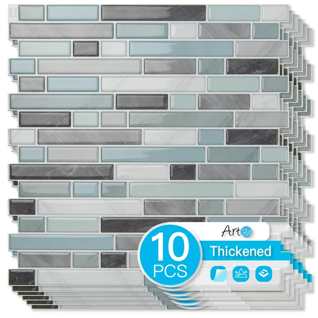 Alt view image 8 of 14 - Linear Design Tile Peel and Stick Backsplash, 10-Sheet, Gray & Blue 12 x 12 Inch, Enhanced Thickness, Warp Resistant, Strong Adhesion, Sturdy, for Kitchen, Bedroom, Ideal for Home Improvement