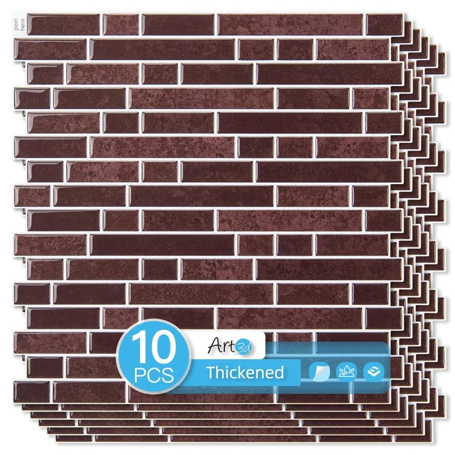 Alt view image 8 of 14 - Linear Tile Peel and Stick Backsplash, 10-Pack, Dark Burgundy 12 x 12 Inch, Enhanced Thickness, Warp Resistant, Strong Adhesion, Sturdy, for Kitchen, Bedroom, Ideal for Home Improvement