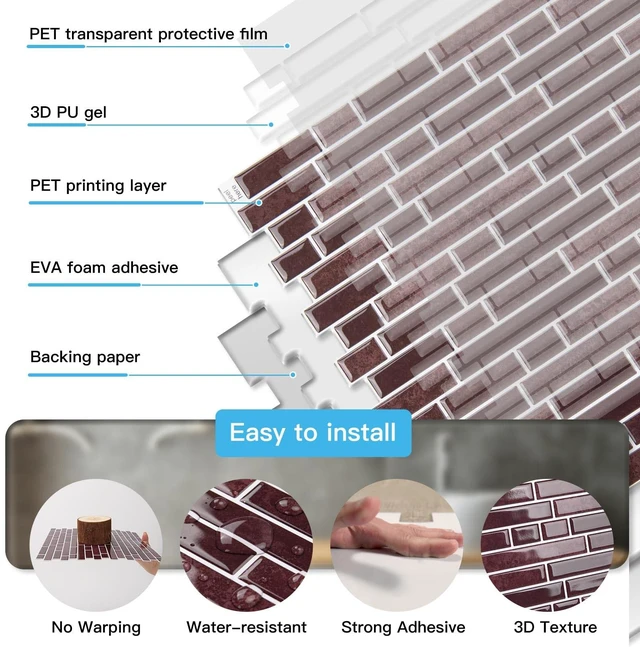 Alt view image 12 of 14 - Linear Tile Peel and Stick Backsplash, 10-Pack, Dark Burgundy 12 x 12 Inch, Enhanced Thickness, Warp Resistant, Strong Adhesion, Sturdy, for Kitchen, Bedroom, Ideal for Home Improvement