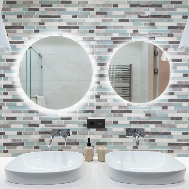 Alt view image 11 of 14 - Linear Design Tile Peel and Stick Backsplash, 10-Sheet, Gray & Blue 12 x 12 Inch, Enhanced Thickness, Warp Resistant, Strong Adhesion, Sturdy, for Kitchen, Bedroom, Ideal for Home Improvement