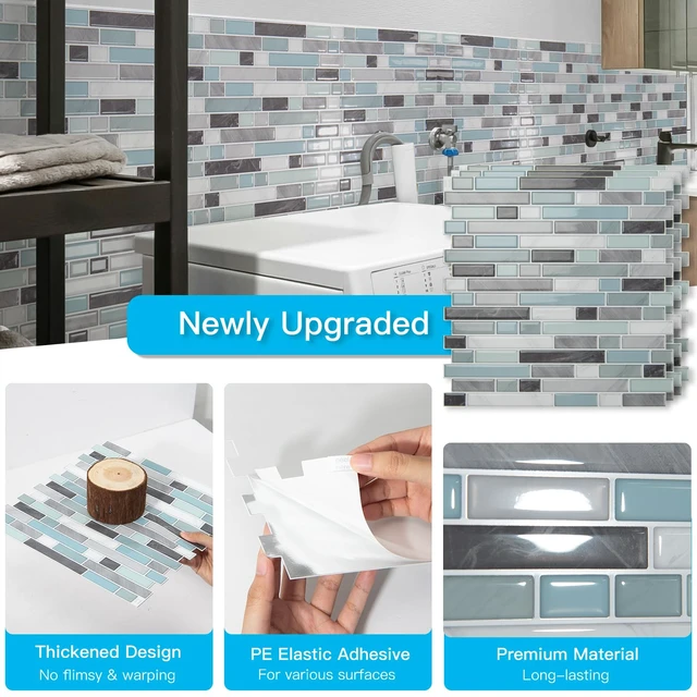 Alt view image 12 of 14 - Linear Design Tile Peel and Stick Backsplash, 10-Sheet, Gray & Blue 12 x 12 Inch, Enhanced Thickness, Warp Resistant, Strong Adhesion, Sturdy, for Kitchen, Bedroom, Ideal for Home Improvement