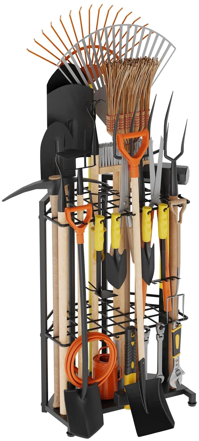 Alt view image 8 of 14 - Garden Tool Organizer for Corner - Heavy Duty Metal Rack with 34 Storage Compartments & 14 Hooks for Shovels, Rakes, Long-Handled Tools, Ideal for Garden, Shed, Garage Storage