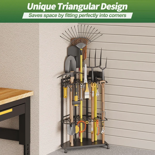 Alt view image 9 of 14 - Garden Tool Organizer for Corner - Heavy Duty Metal Rack with 34 Storage Compartments & 14 Hooks for Shovels, Rakes, Long-Handled Tools, Ideal for Garden, Shed, Garage Storage