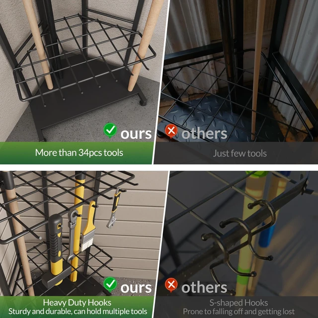 Alt view image 12 of 14 - Garden Tool Organizer for Corner - Heavy Duty Metal Rack with 34 Storage Compartments & 14 Hooks for Shovels, Rakes, Long-Handled Tools, Ideal for Garden, Shed, Garage Storage