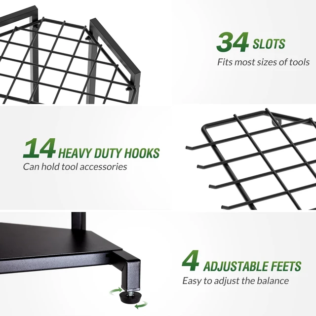 Alt view image 10 of 14 - Garden Tool Organizer for Corner - Heavy Duty Metal Rack with 34 Storage Compartments & 14 Hooks for Shovels, Rakes, Long-Handled Tools, Ideal for Garden, Shed, Garage Storage