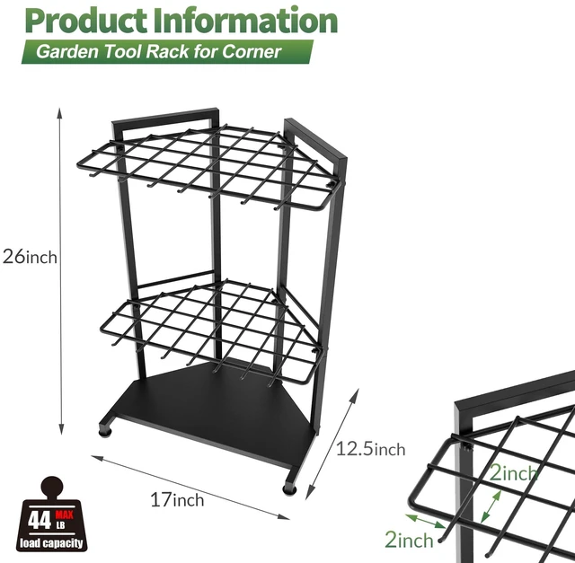 Alt view image 13 of 14 - Garden Tool Organizer for Corner - Heavy Duty Metal Rack with 34 Storage Compartments & 14 Hooks for Shovels, Rakes, Long-Handled Tools, Ideal for Garden, Shed, Garage Storage
