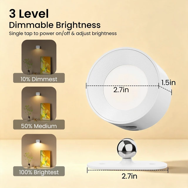 Alt view image 10 of 14 - 3PACK Rechargeable LED Wall Sconce, Cordless Battery with Remote, Powered Wall Sconce, 3 Brightness Levels, 360° Swivel Magnetic Shade for Bedrooms, Hallways, Den and Reading SpacesWhite