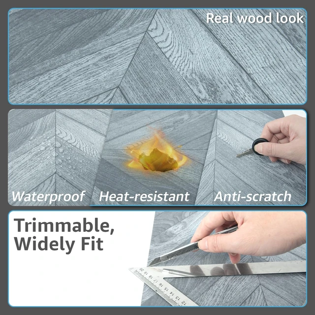 Alt view image 13 of 14 - 30-Pack Herringbone Peel and Stick Floor Planks, 12 x 12 in, Grey Premium Vinyl, Self-Adhesive, Waterproof, Wood Grain, Fade-Resistant, Scratch-Proof, Ideal for Kitchen, Dining Room, Bedrooms
