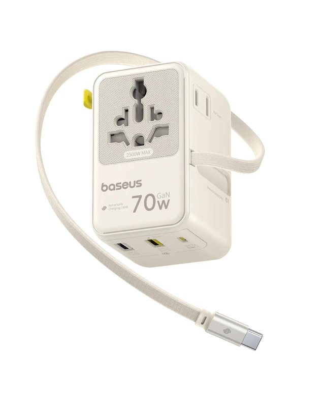 Alt view image 8 of 14 - 70W Universal Travel Adapter, 6-in-1 International Plug Adapter Worldwide Wall Charger with Retractable Cable, USB-C PD Fast Charging for USA/EU/UK/AUS and Over 200 Countries (Off-White)