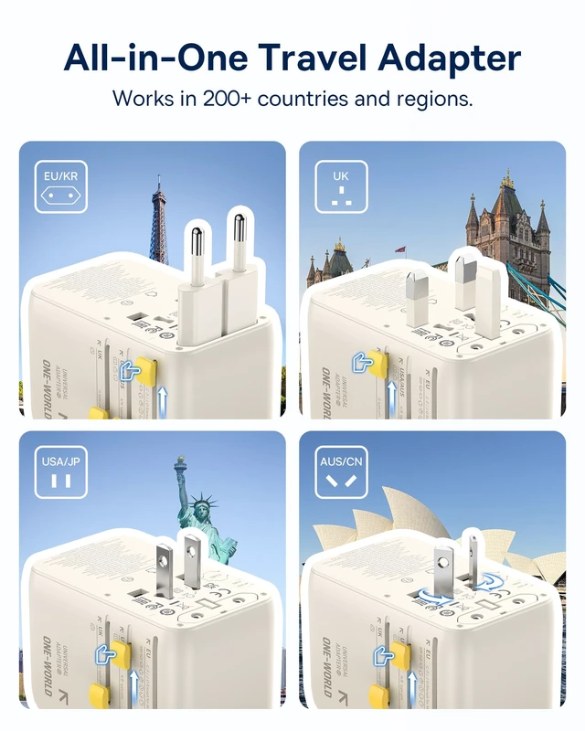 Alt view image 9 of 14 - 70W Universal Travel Adapter, 6-in-1 International Plug Adapter Worldwide Wall Charger with Retractable Cable, USB-C PD Fast Charging for USA/EU/UK/AUS and Over 200 Countries (Off-White)