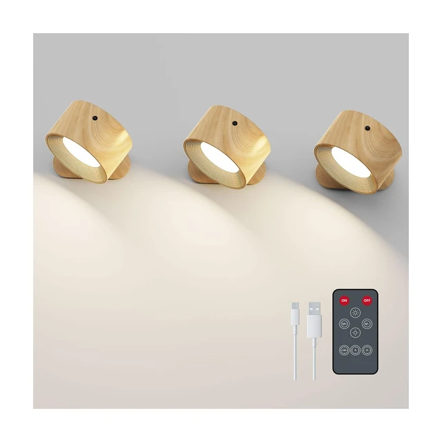 Alt view image 8 of 14 - 3PACK Rechargeable LED Wall Sconce, Cordless Battery with Remote Powered Wall Sconce, 3 Brightness Levels, 360° Swivel Magnetic Shade for Reading Bedside, Wood Grain Color