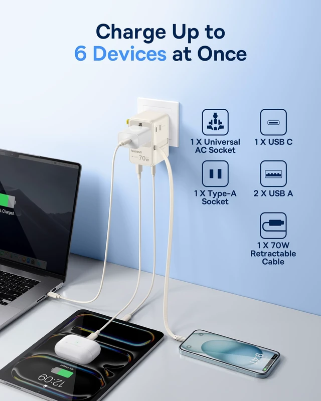 Alt view image 11 of 14 - 70W Universal Travel Adapter, 6-in-1 International Plug Adapter Worldwide Wall Charger with Retractable Cable, USB-C PD Fast Charging for USA/EU/UK/AUS and Over 200 Countries (Off-White)