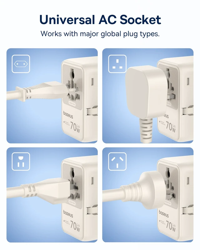 Alt view image 14 of 14 - 70W Universal Travel Adapter, 6-in-1 International Plug Adapter Worldwide Wall Charger with Retractable Cable, USB-C PD Fast Charging for USA/EU/UK/AUS and Over 200 Countries (Off-White)