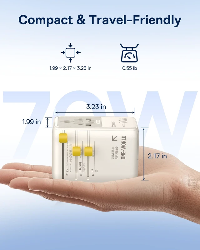 Alt view image 13 of 14 - 70W Universal Travel Adapter, 6-in-1 International Plug Adapter Worldwide Wall Charger with Retractable Cable, USB-C PD Fast Charging for USA/EU/UK/AUS and Over 200 Countries (Off-White)