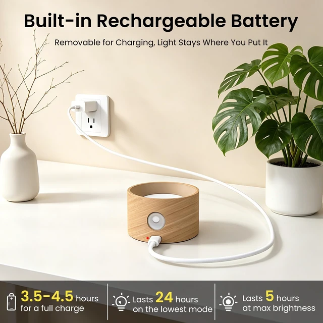 Alt view image 12 of 14 - 3PACK Rechargeable LED Wall Sconce, Cordless Battery with Remote Powered Wall Sconce, 3 Brightness Levels, 360° Swivel Magnetic Shade for Reading Bedside, Wood Grain Color