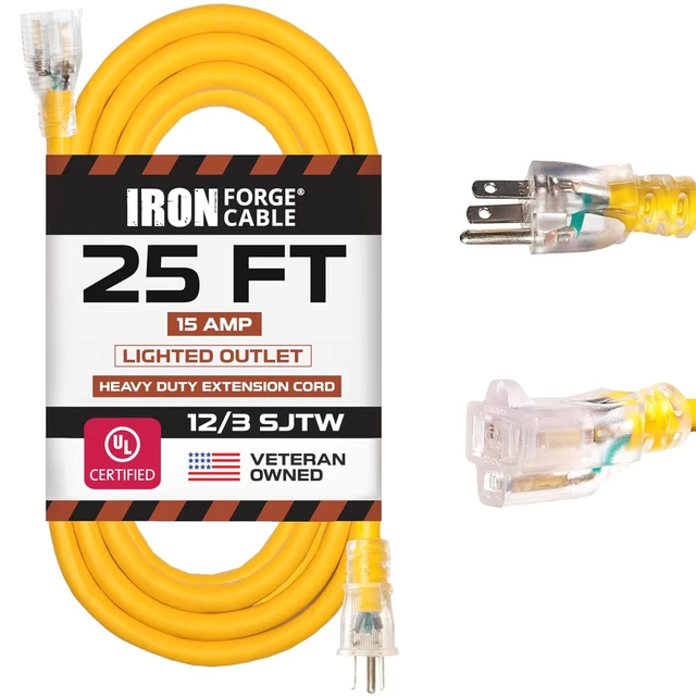 Alt view image 8 of 14 - 25 ft Lighted Outdoor Extension Cord - 12/3 SJTW Heavy Duty Yellow Extension Cable Extension Cable with 3 Prong Grounded Plug for Safety, 15AMP -Great for Garden and Major Appliances