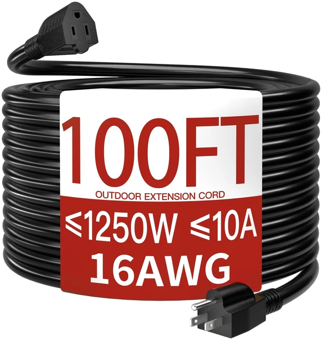 Alt view image 8 of 14 - 16/3 10A 125V 1250W 100 Ft Outdoor Extension Cord Waterproof, Weatherproof & Flame Retardant Black 3 Prong Power Cord Outside for Lawn & Garden, SJTW ETL Listed