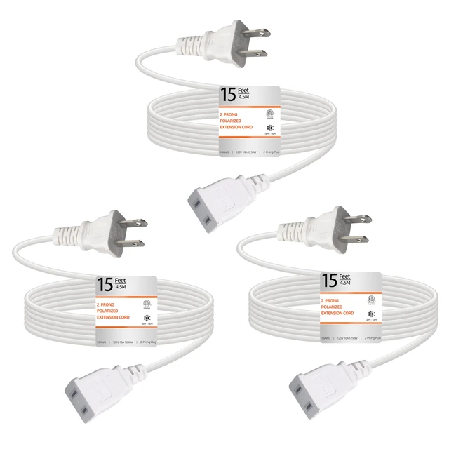 Alt view image 8 of 14 - Thin Extension Cords 15FT White 2 Prong 125V 10A ETL Listed (3 Pack) Indoor Use, Male to Female, For Christmas Lights, Halloween Decor, Lamps, Security Cameras, Small Appliance