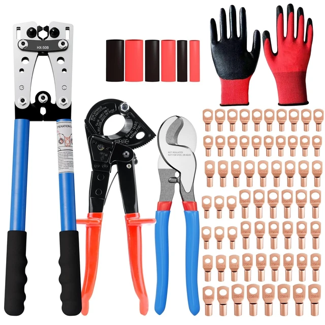Alt view image 8 of 14 - Battery Cable Lug Crimping Tool for AWG 10-1/0 Electrical Lug with 2pcs Cable Cutter 64pcs Ring Terminals and 70pcs Heat Shrink Tubing