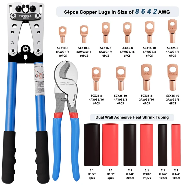 Alt view image 9 of 14 - Battery Cable Lug Crimping Tool for AWG 10-1/0 Electrical Lug with 2pcs Cable Cutter 64pcs Ring Terminals and 70pcs Heat Shrink Tubing