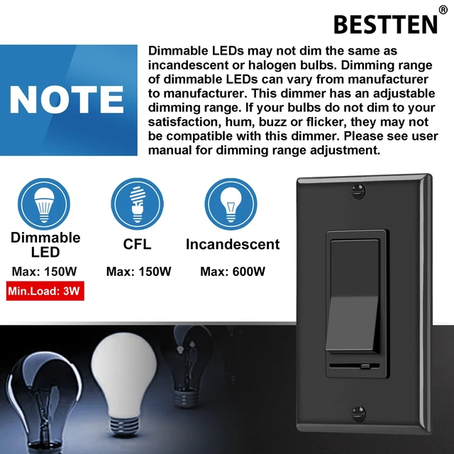 Alt view image 10 of 12 - 6PK Dimmer Wall Light Switch, Single Pole or 3-Way Dimmer Switches UL Listed, Compatible with Dimmable LED, CFL, Incandescent and Halogen Bulb, 120VAC, Decorator Wall Plate Included, Black