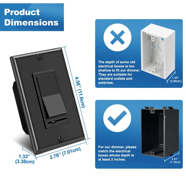Alt view image 12 of 12 - 6PK Dimmer Wall Light Switch, Single Pole or 3-Way Dimmer Switches UL Listed, Compatible with Dimmable LED, CFL, Incandescent and Halogen Bulb, 120VAC, Decorator Wall Plate Included, Black